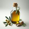 Bottle of olive oil with olives and olive leaves.